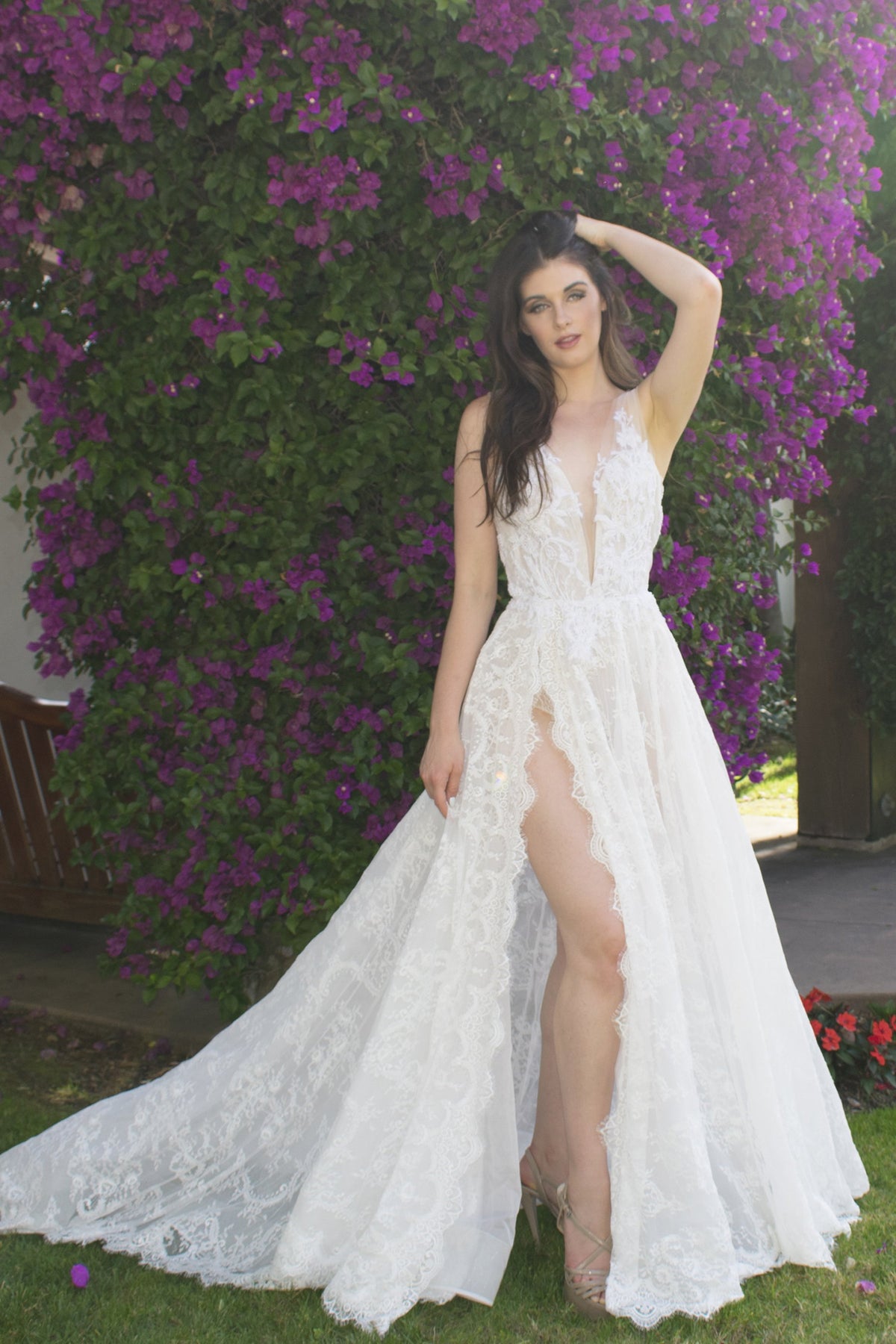 white sexy deep v bridal gown with slit