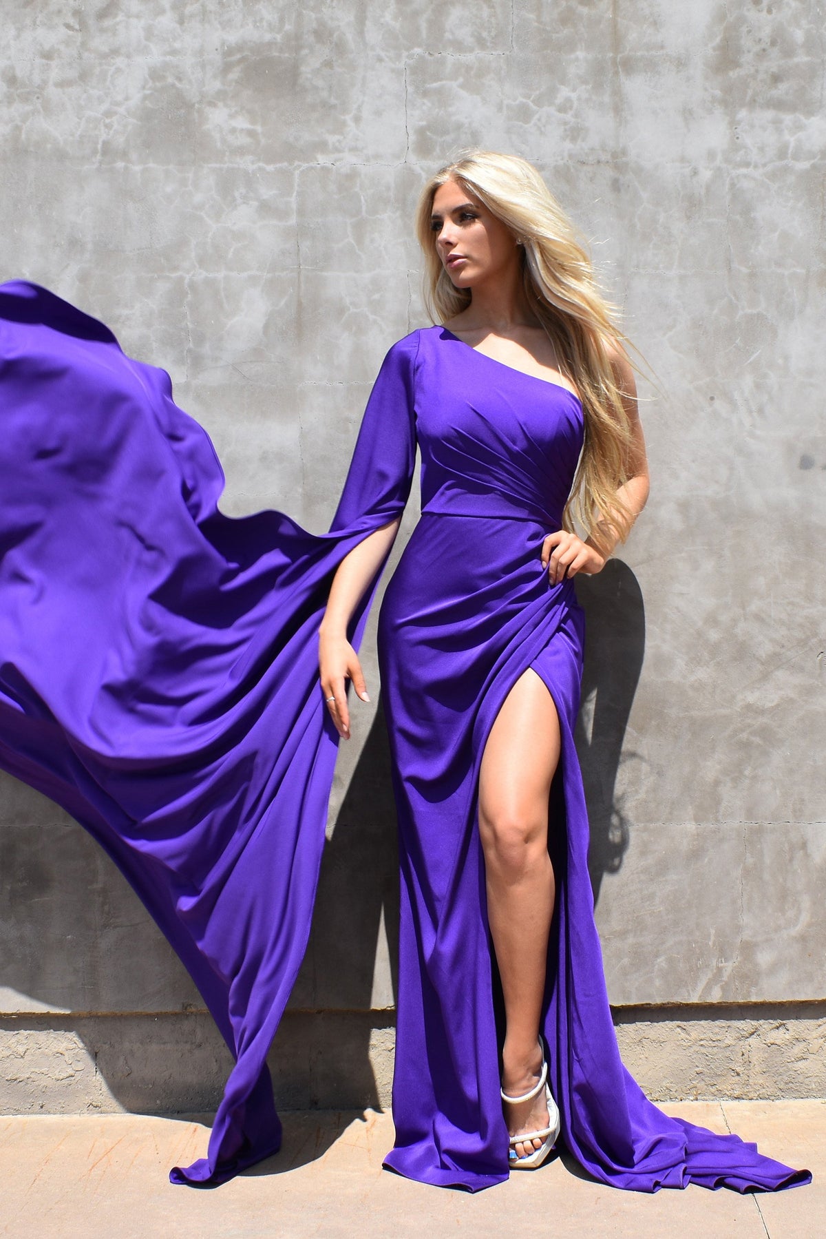 one shoulder purple evening gown
